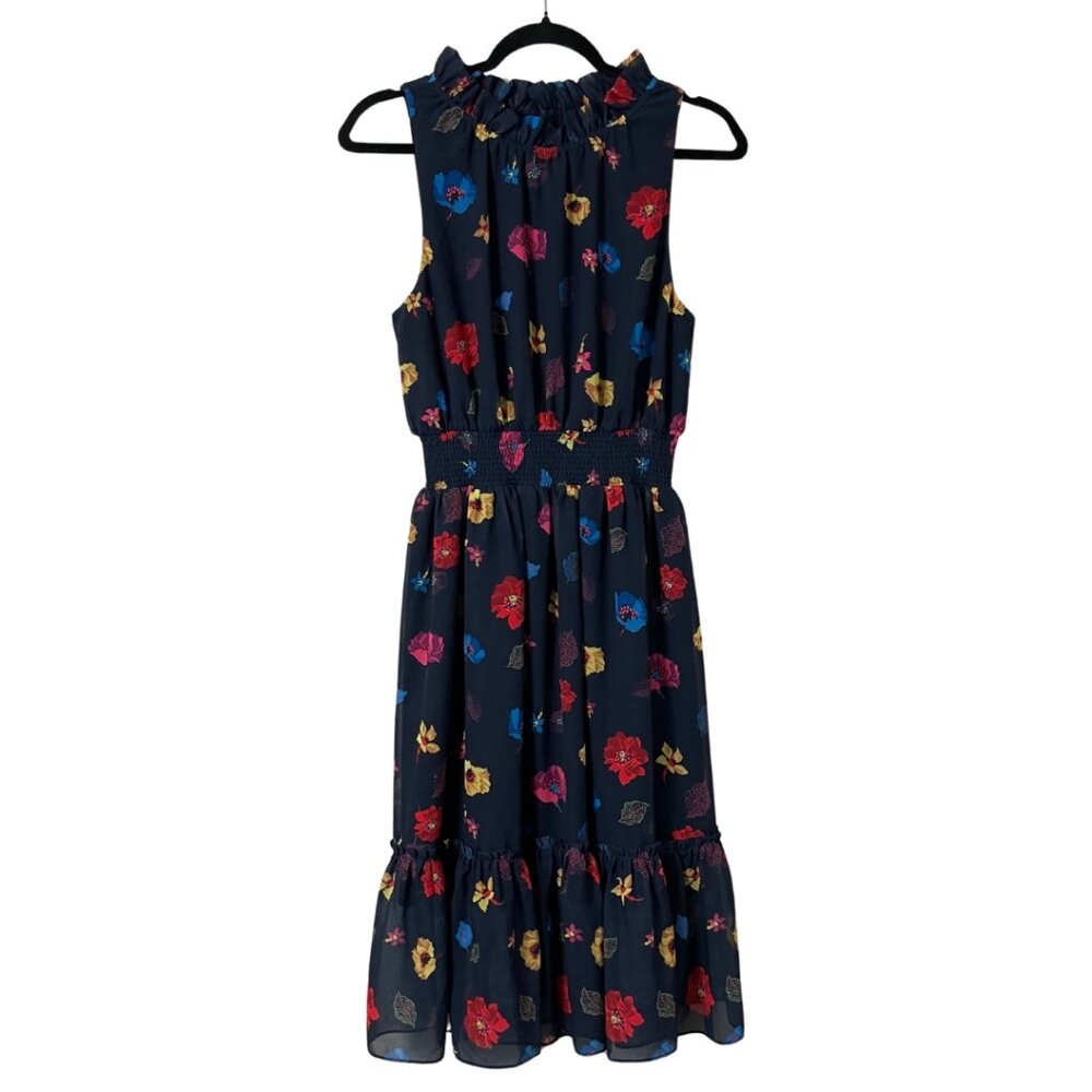 1901 Navy Floral Midi Dress Size 8 Medium Fun Spring Print Smocked Waist Ruffles - Picture 2 of 10